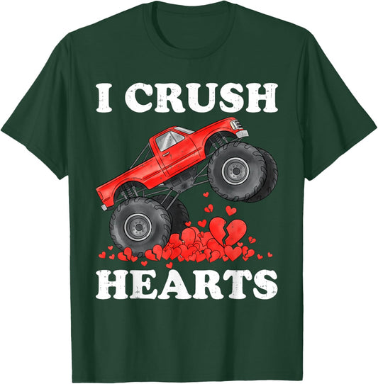 Monster Truck Teens Kids Boys I Crush Heart Valentines Day T-Shirt - T-Shirt | Forest