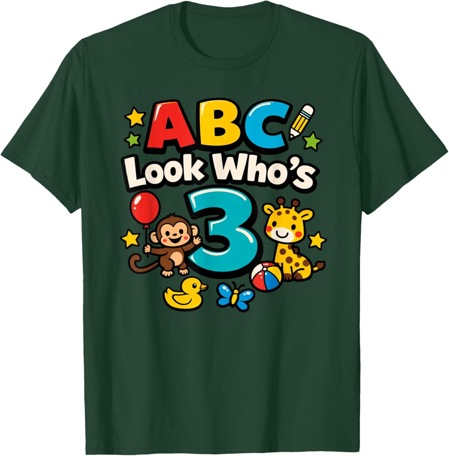 ABC Look Who's 3 Girl Boy Toddler 3rd Birthday T-Shirt - T-Shirt | Forest