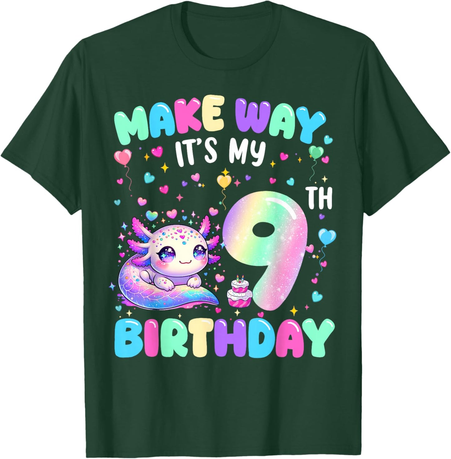 It's My 9th Birthday Girl Cute Axolotl 9 Year Old Bday Kids T-Shirt - T-Shirt | Forest