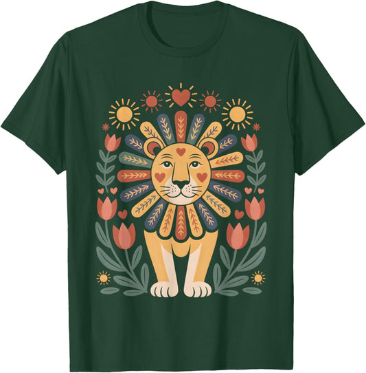 Scandinavian Folk Art Lion Floral Mane Jungle Sunshine Boho T-Shirt - T-Shirt | Forest