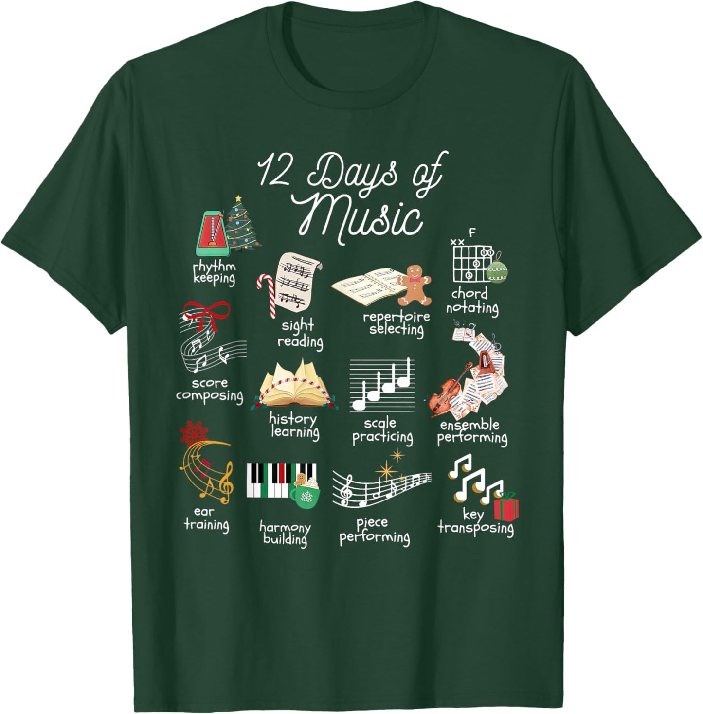 12 Days of Music Teacher Christmas Musician Band Teaching T-Shirt - T-Shirt | Forest
