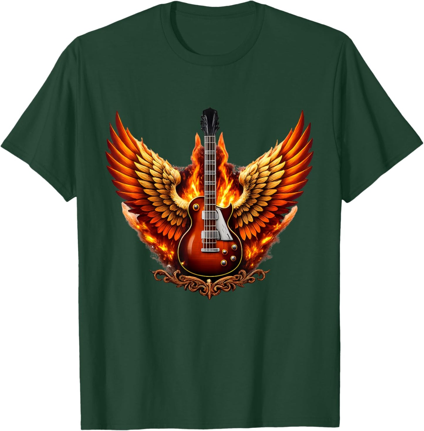 Flaming Angel and Guitar Fiery Rock Wings T-Shirt - T-Shirt | Forest