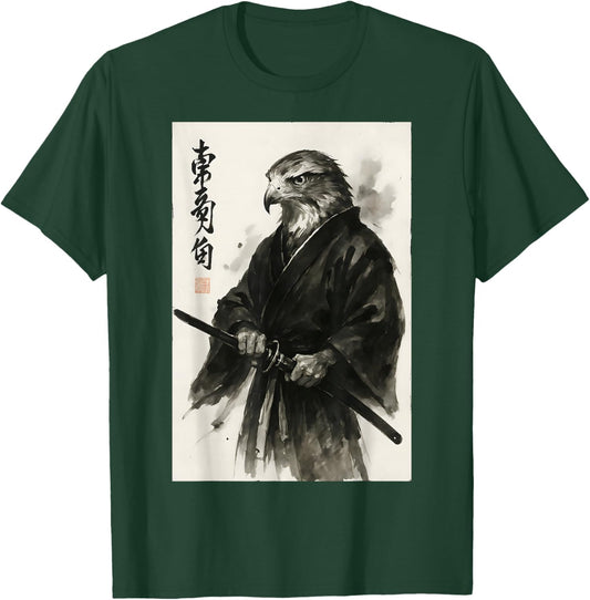Traditional Japanese Ink Brush Art Warrior Sumi-e Hawk T-Shirt - T-Shirt | Forest