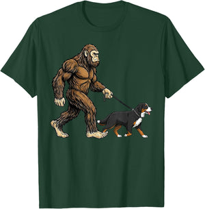 Bigfoot Walking Bernese Mountain Funny Sasquatch Dog Lovers T-Shirt - T-Shirt | Forest