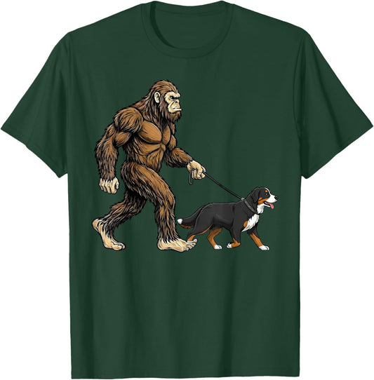 Bigfoot Walking Bernese Mountain Funny Sasquatch Dog Lovers T-Shirt - T-Shirt | Forest