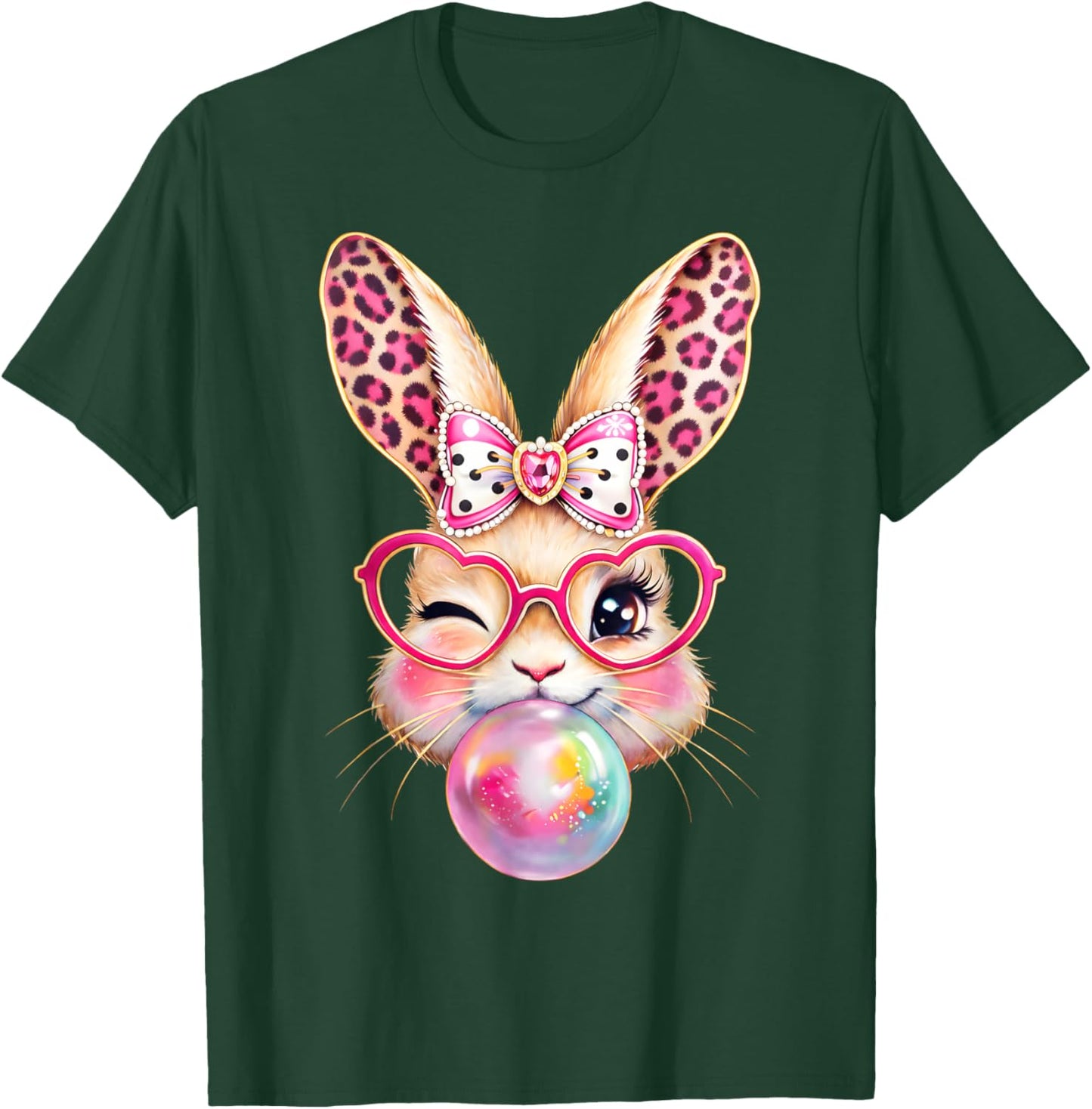 Easter Day Bunny Rabbit Face Leopard Bubble Gum Girl Women T-Shirt - T-Shirt | Forest