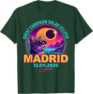 Great European Solar Eclipse 2026 Madrid Spain Cat Retro T-Shirt - T-Shirt | Forest