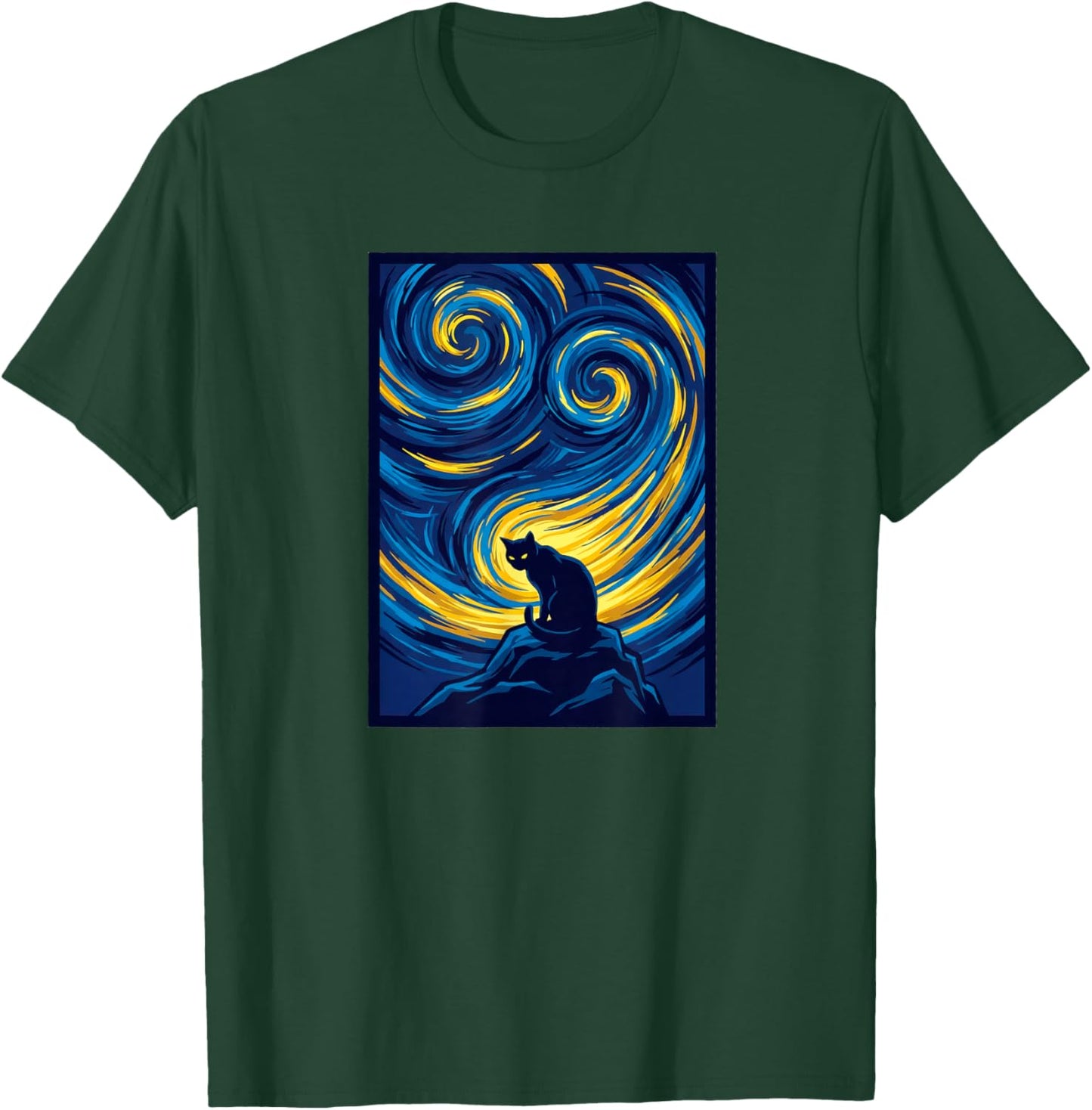 Starry Night Cat on Swirling Sky Art T-Shirt - T-Shirt | Forest
