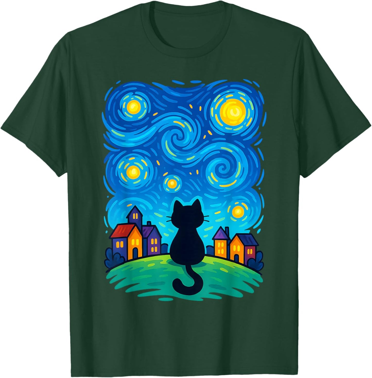 Cat Looking at Starry Night Sky Colorful Moon Houses Stars T-Shirt - T-Shirt | Forest