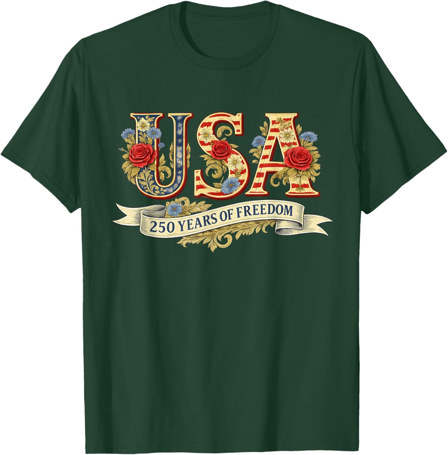 USA Floral Letters 250 Years of Freedom Vintage T-Shirt - T-Shirt | Forest