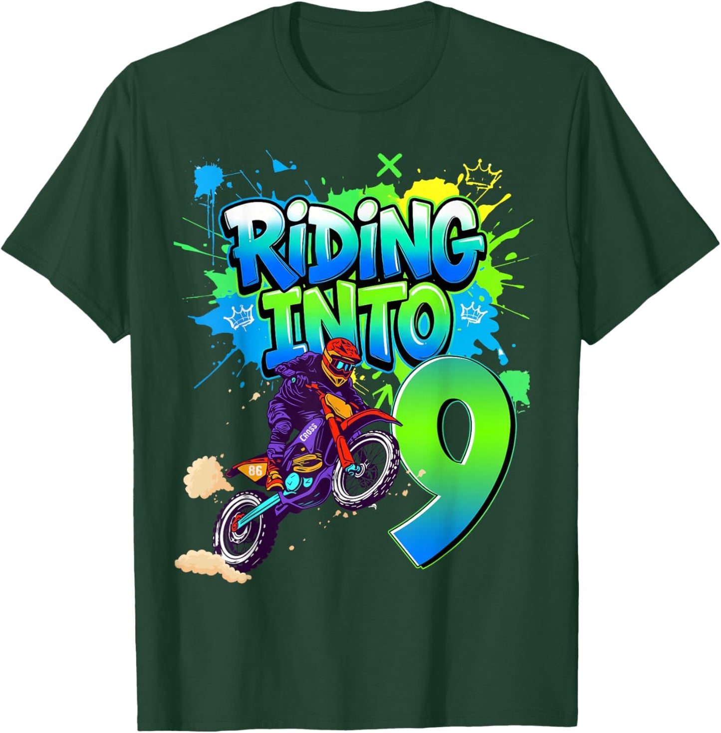 Riding Into 9 Years Old 9th Birthday Dirt Bike Boy Party T-Shirt - T-Shirt | Forest