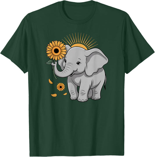 Elephant Holding Sunflower Cute Uplifting Nature T-Shirt - T-Shirt | Forest