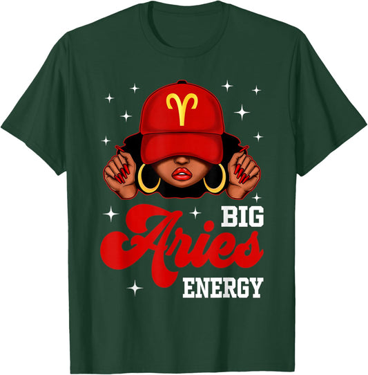 Big Aries Energy Black Woman with Red Cap Zodiac T-Shirt - T-Shirt | Forest