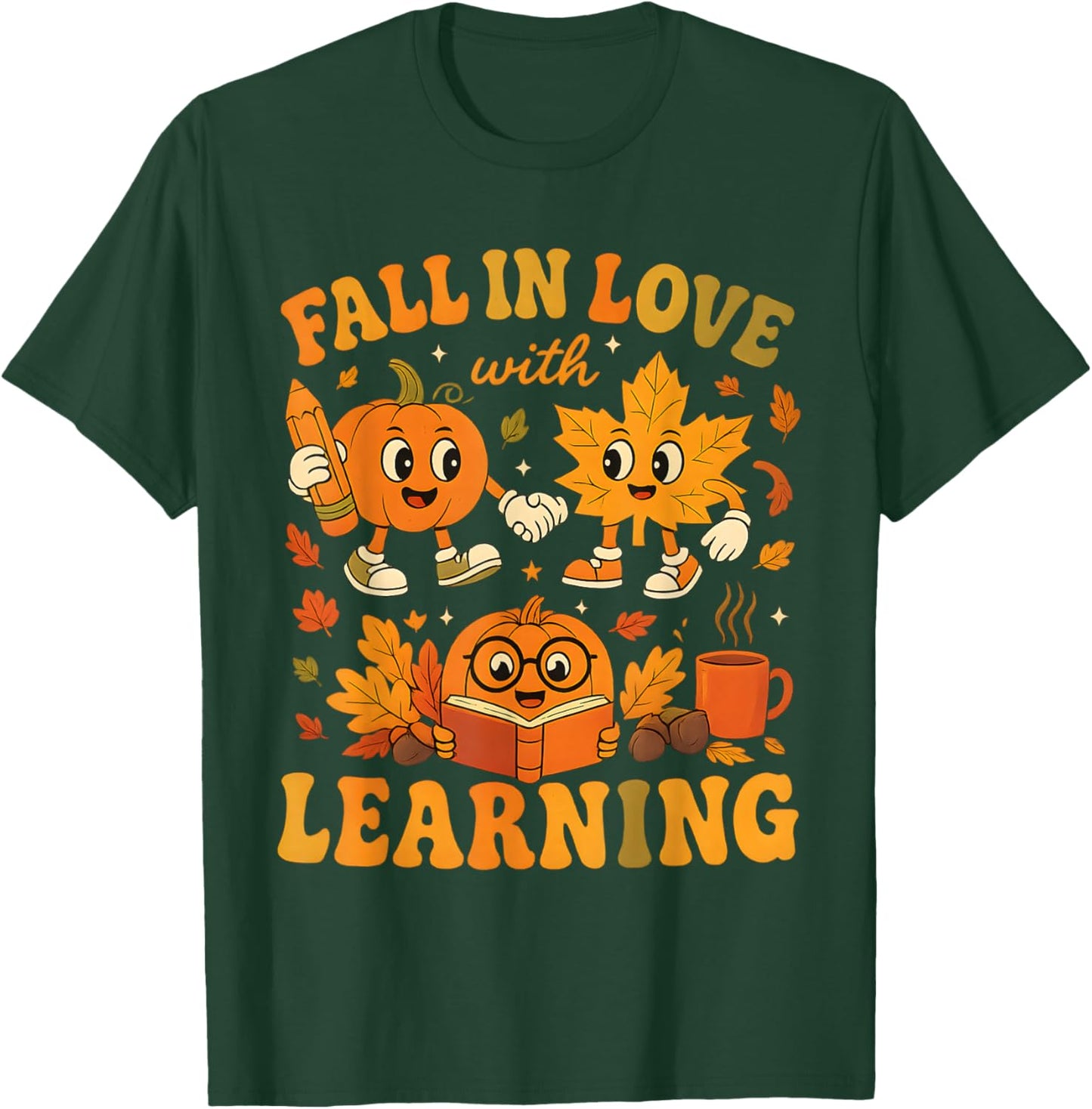 Retro Fall in Love with Learning Autumn Thanksgiving Teacher T-Shirt - T-Shirt | Forest