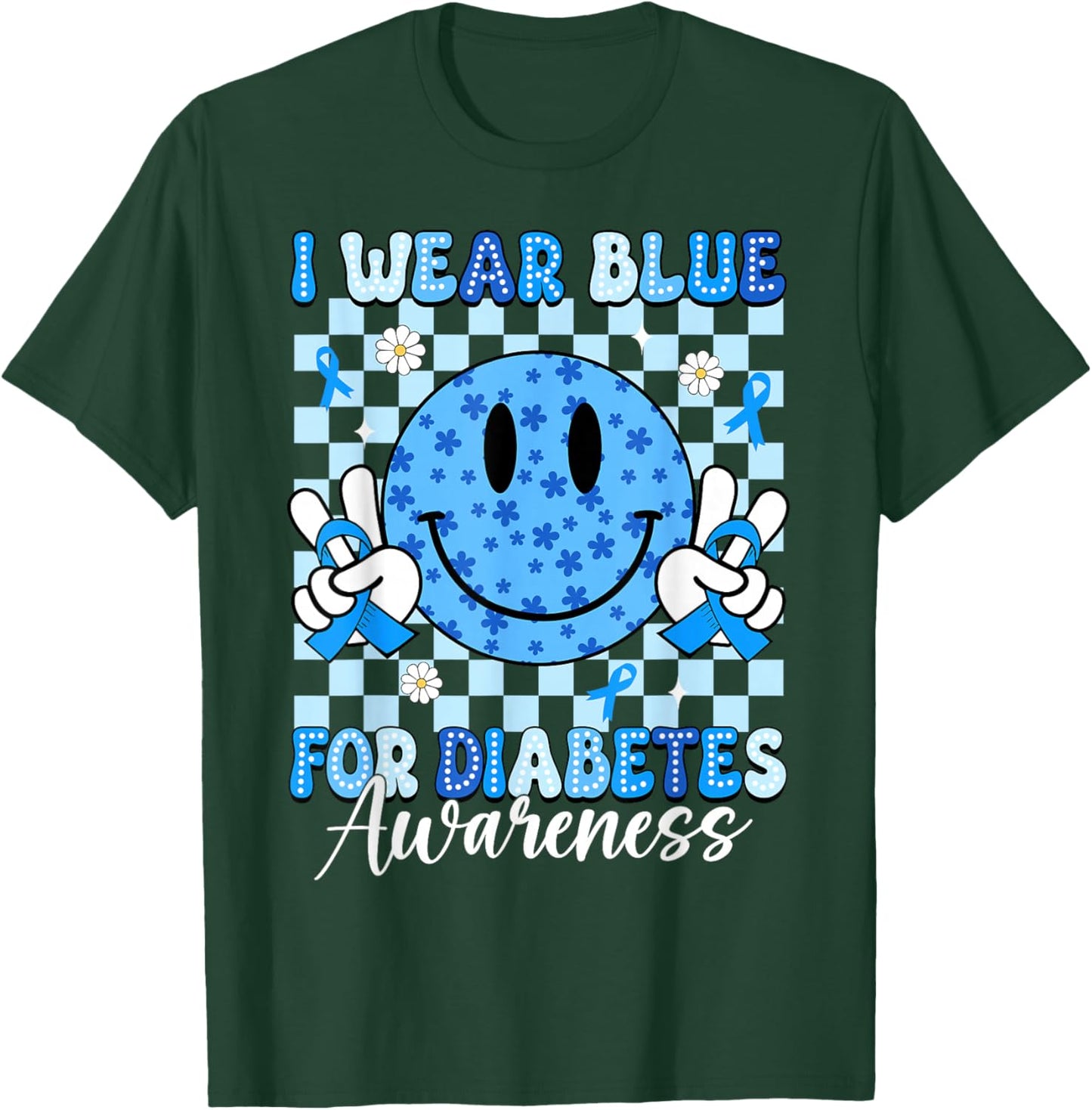 I Wear Blue for Diabetes Awareness Smile Face Blue Ribbon T-Shirt - T-Shirt | Forest
