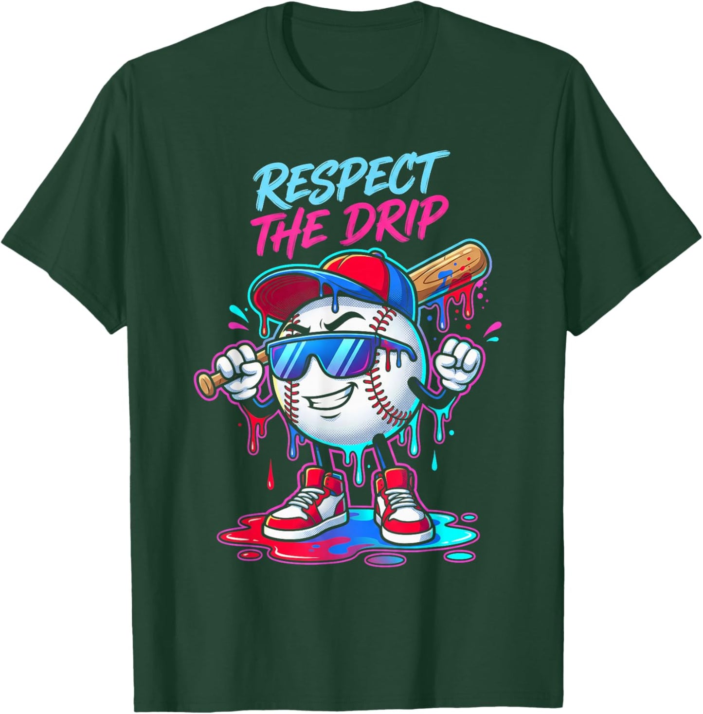 Respect The Drip Baseball Bat Sunglasses Mascot T-Shirt - T-Shirt | Forest