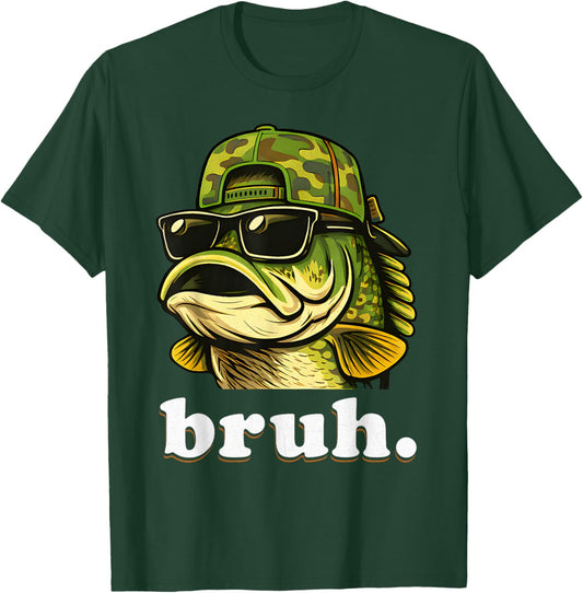 Bruh Fishing Camo Bass Fish Funny Boys Kids Camouflage T-Shirt - T-Shirt | Forest