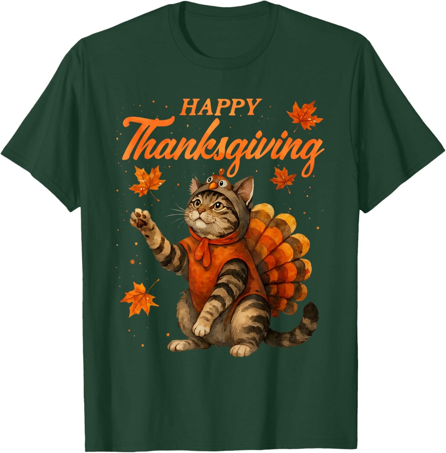 Cute Cat Turkey Happy Thanksgiving Fall Meow Cat Lover T-Shirt - T-Shirt | Forest