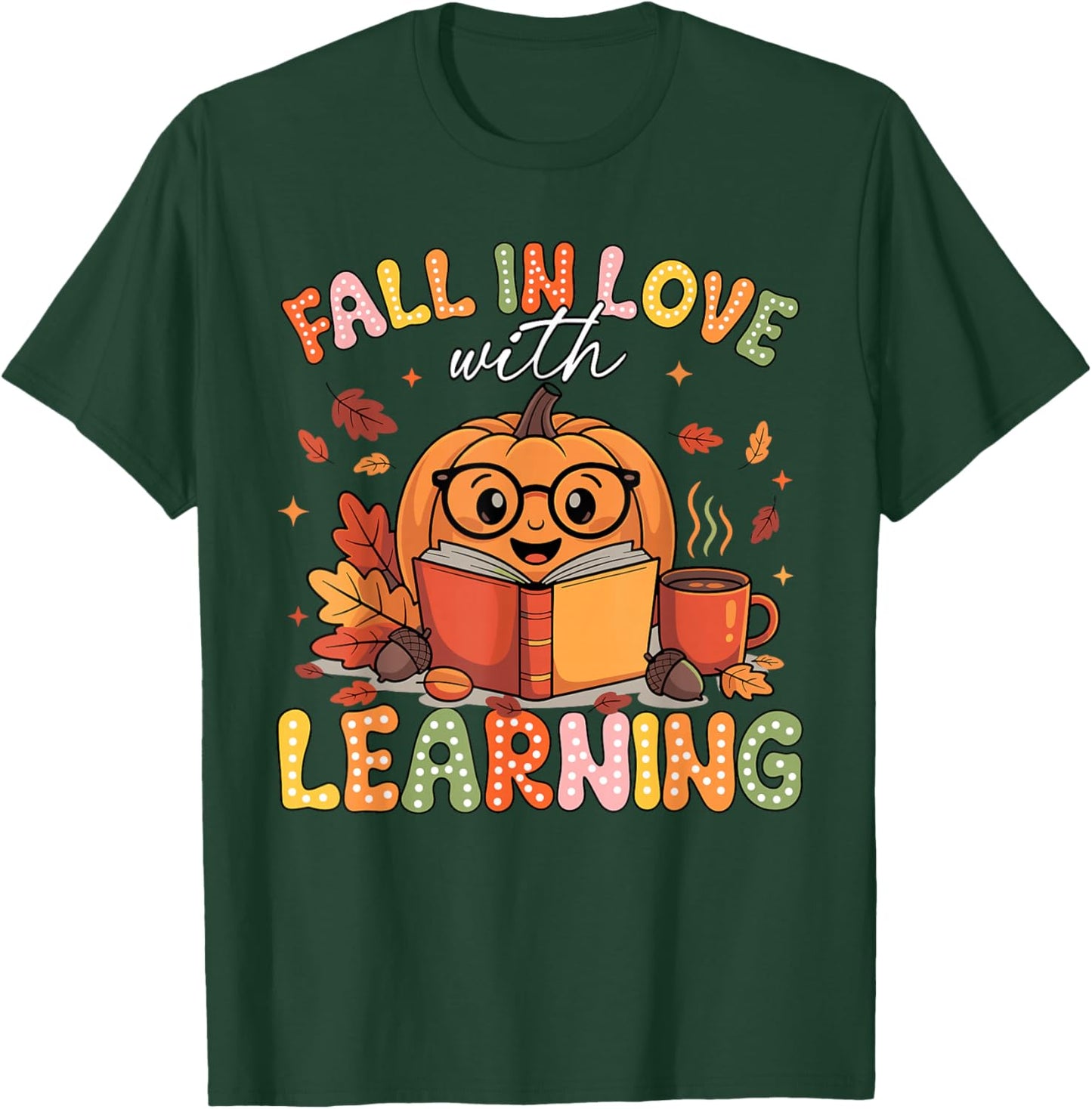 Retro Fall in Love with Learning Pumpkin Teacher Autumn T-Shirt - T-Shirt | Forest