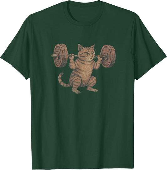 Funny Cat Weightlifting Gym Workout Graphic T-Shirt - T-Shirt | Forest