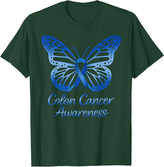 Colorectal Colon Cancer Awareness Blue Ribbon Butterfly T-Shirt - T-Shirt | Forest
