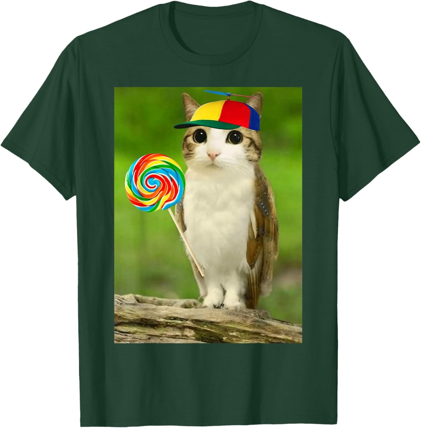 Meowl Cat Owl with Lollipop Funny Cursed Internet Cat Lover T-Shirt - T-Shirt | Forest