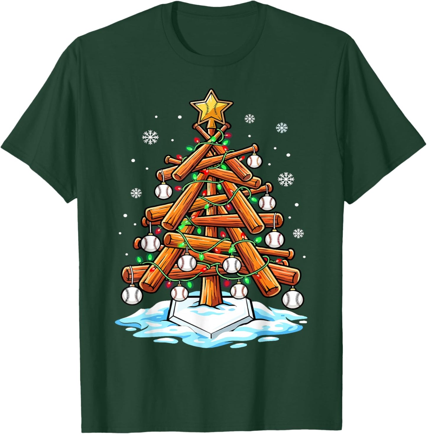 Christmas Baseball Tree Lights Xmas T-Shirt - T-Shirt | Forest