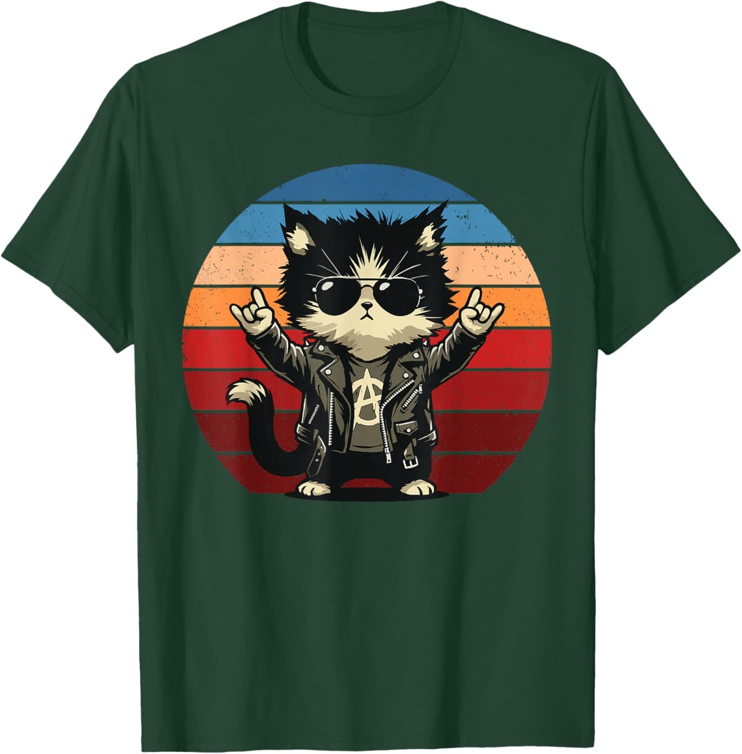 Retro Cat Rock Music Men Kids Women Funny Cat T-Shirt - T-Shirt | Forest