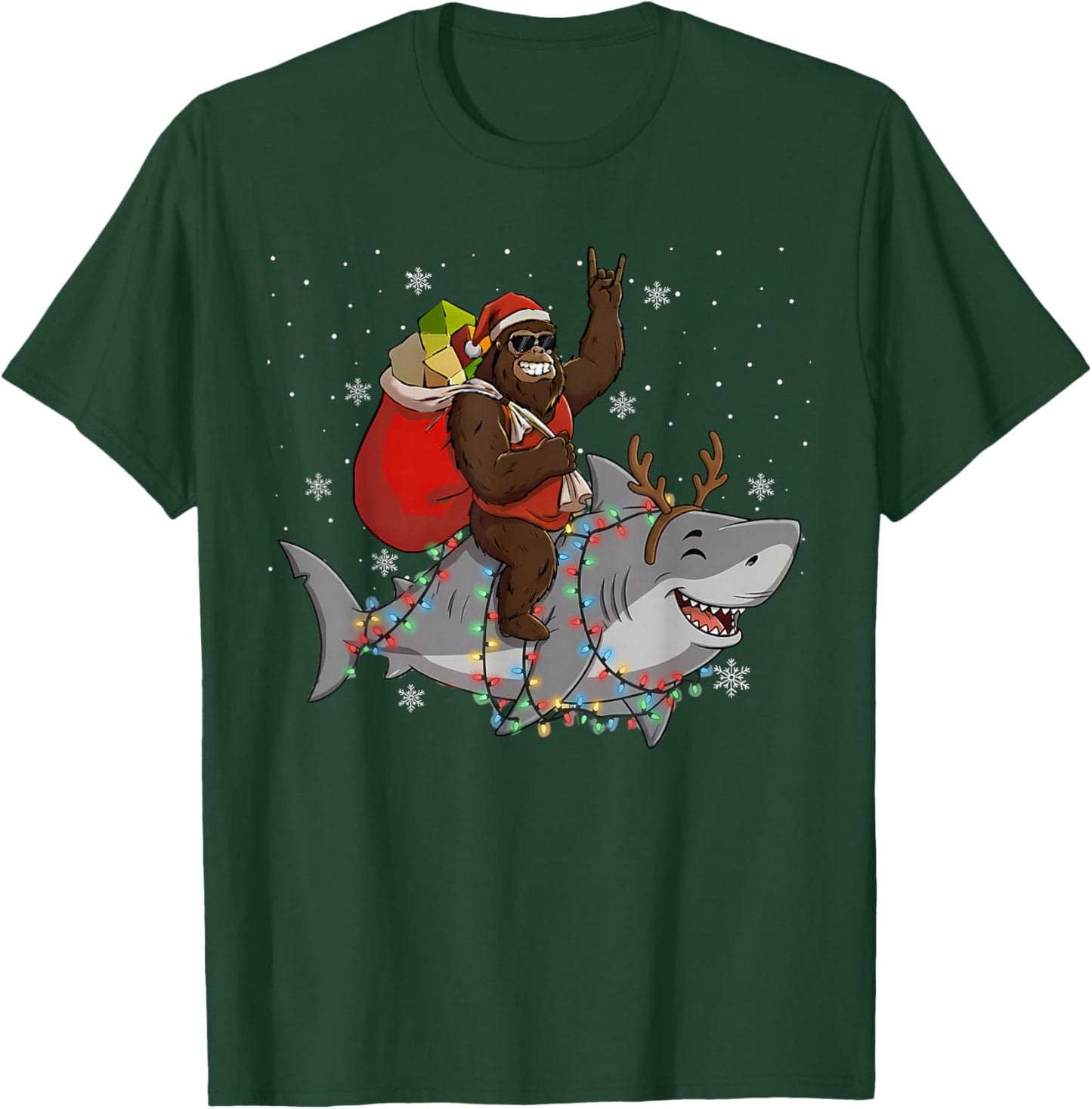 Bigfoot Riding Shark Deer Xmas Shark Christmas T-Shirt - T-Shirt | Forest