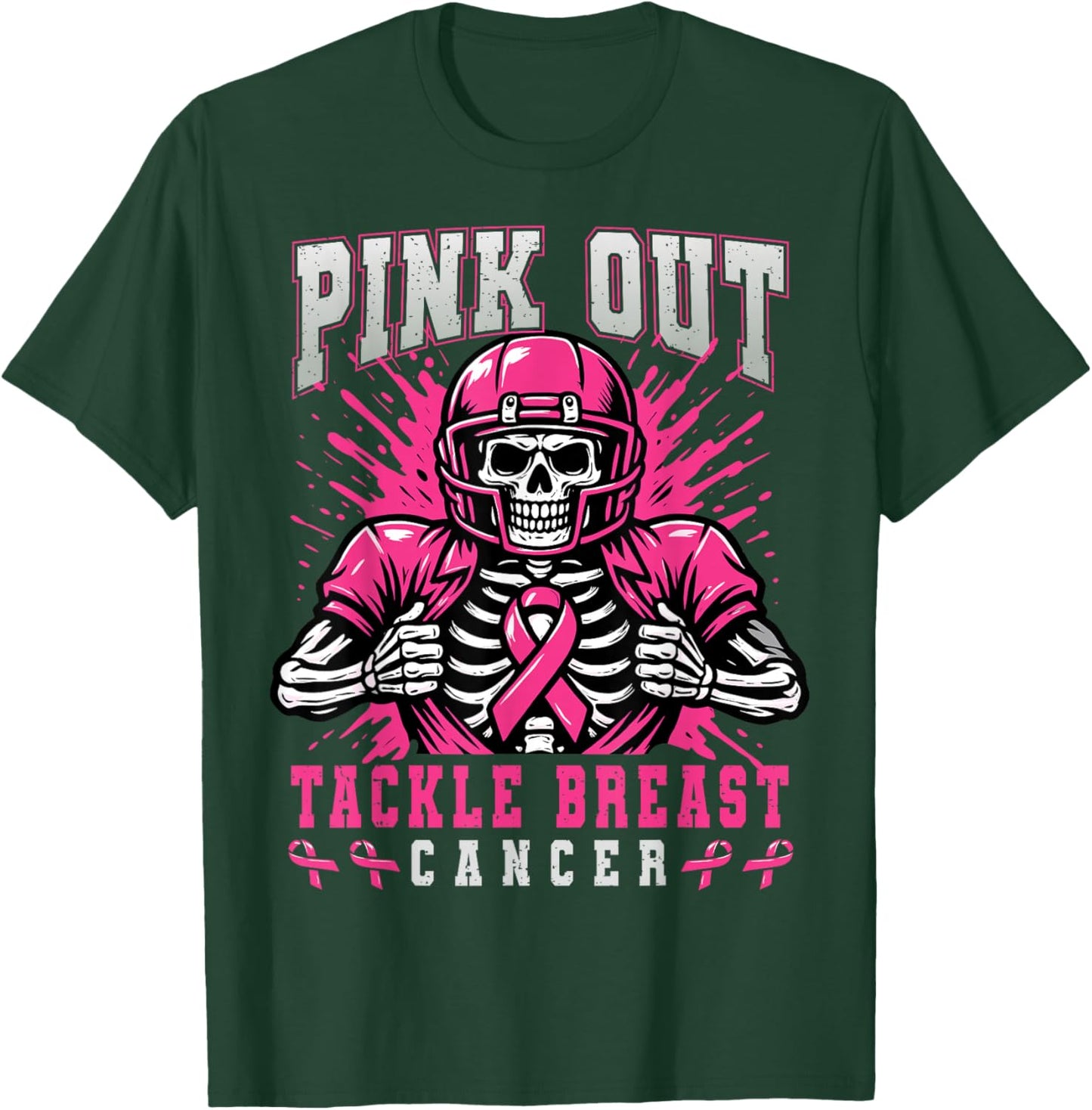 Pink Out Tackle Breast Cancer Football Skeleton Halloween T-Shirt - T-Shirt | Forest