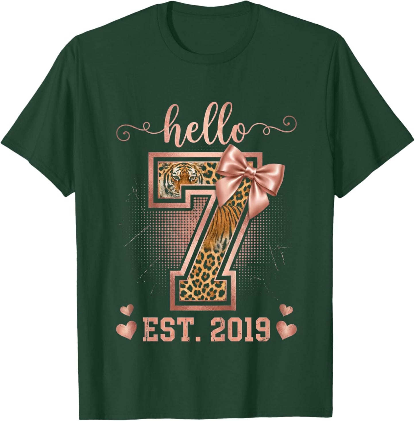 Hello Seven EST 2019 7th Birthday Coquette 7 Year Leopard T-Shirt - T-Shirt | Forest
