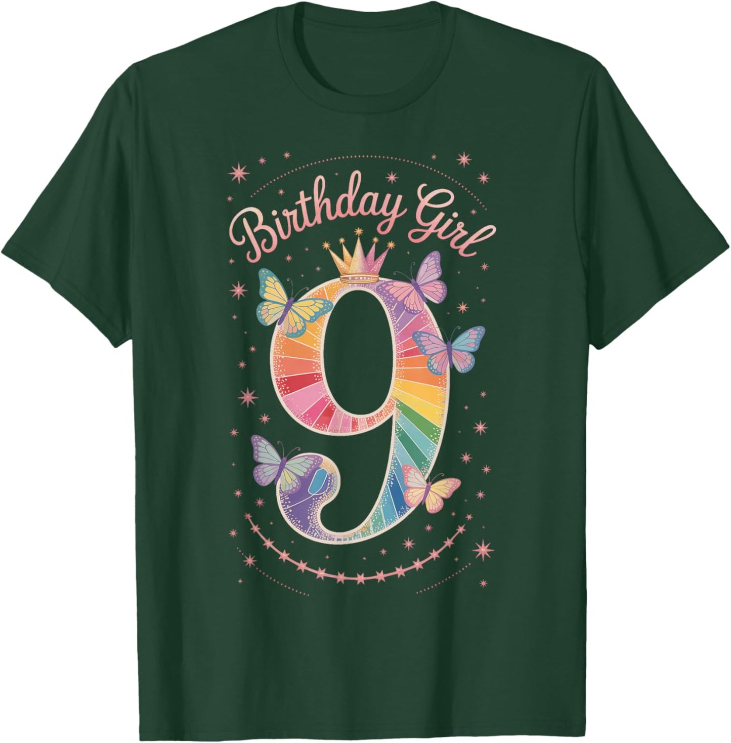 Birthday Girl 9 Crown Butterfly Shimmer Girls Ninth T-Shirt - T-Shirt | Forest