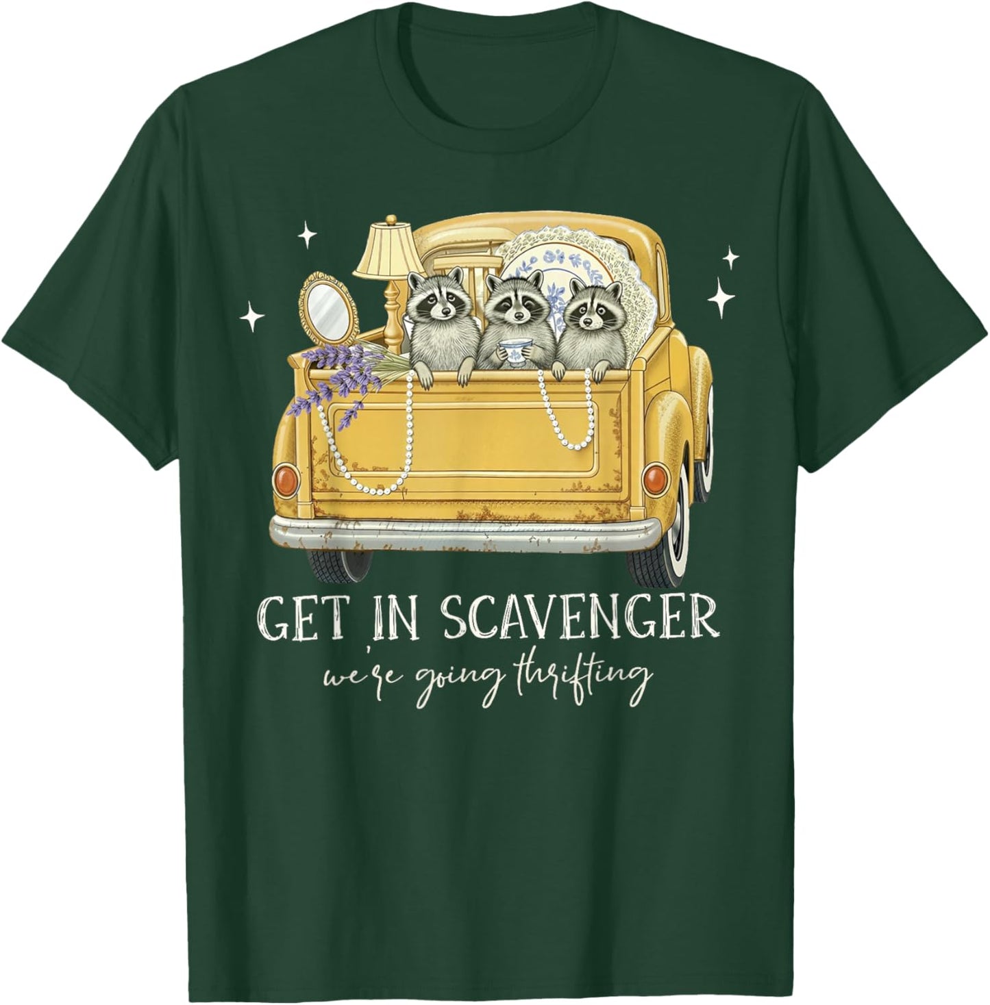 Get in Scavenger We're Going Thrifting Raccoon Vintage Car T-Shirt - T-Shirt | Forest