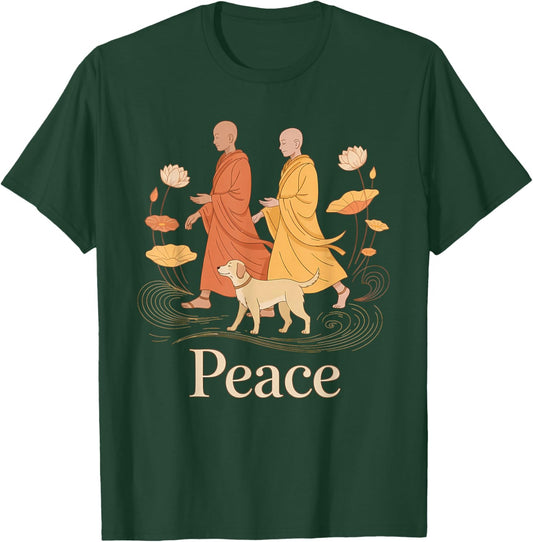 Vintage Peace Walking Monks & Dog Minimalist Zen Art T-Shirt - T-Shirt | Forest
