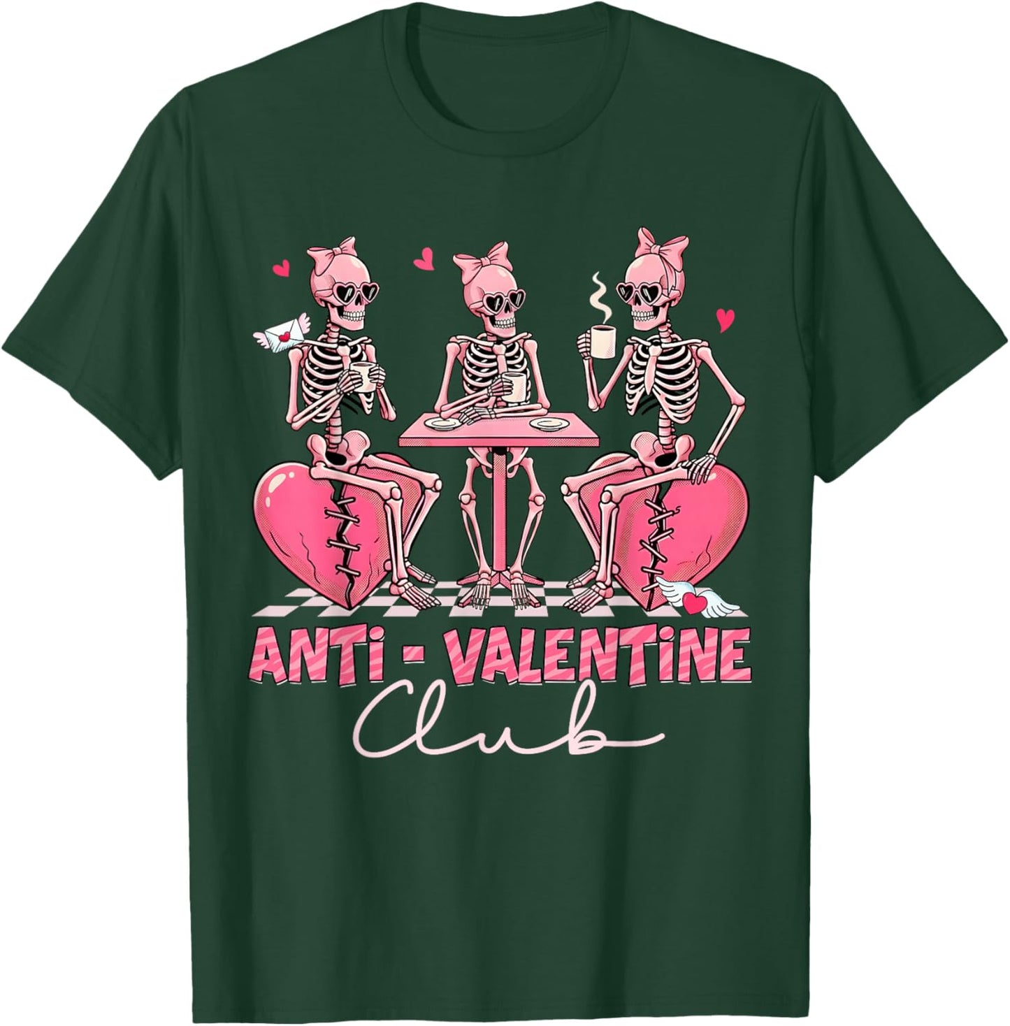Anti-Valentine Club Funny Skeleton Pink Heart Girl Women Kid T-Shirt - T-Shirt | Forest
