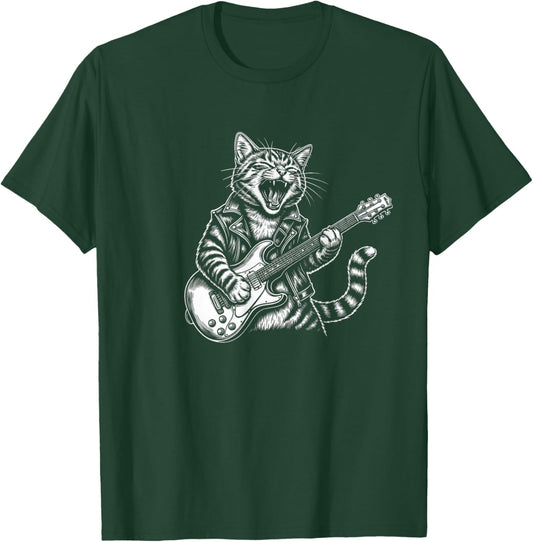 Funny Rock Cat Playing Guitar Electric Retro Lovers T-Shirt - T-Shirt | Forest