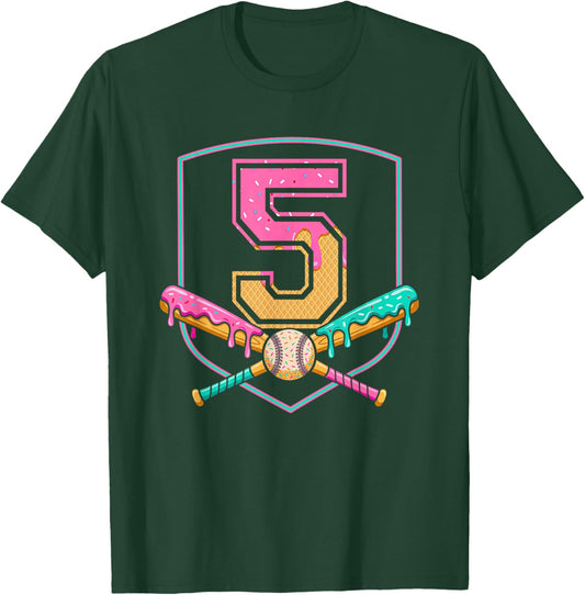 5th Birthday Baseball Bat Ice-Cream Drip 5 Years Old Boy Kid T-Shirt - T-Shirt | Forest