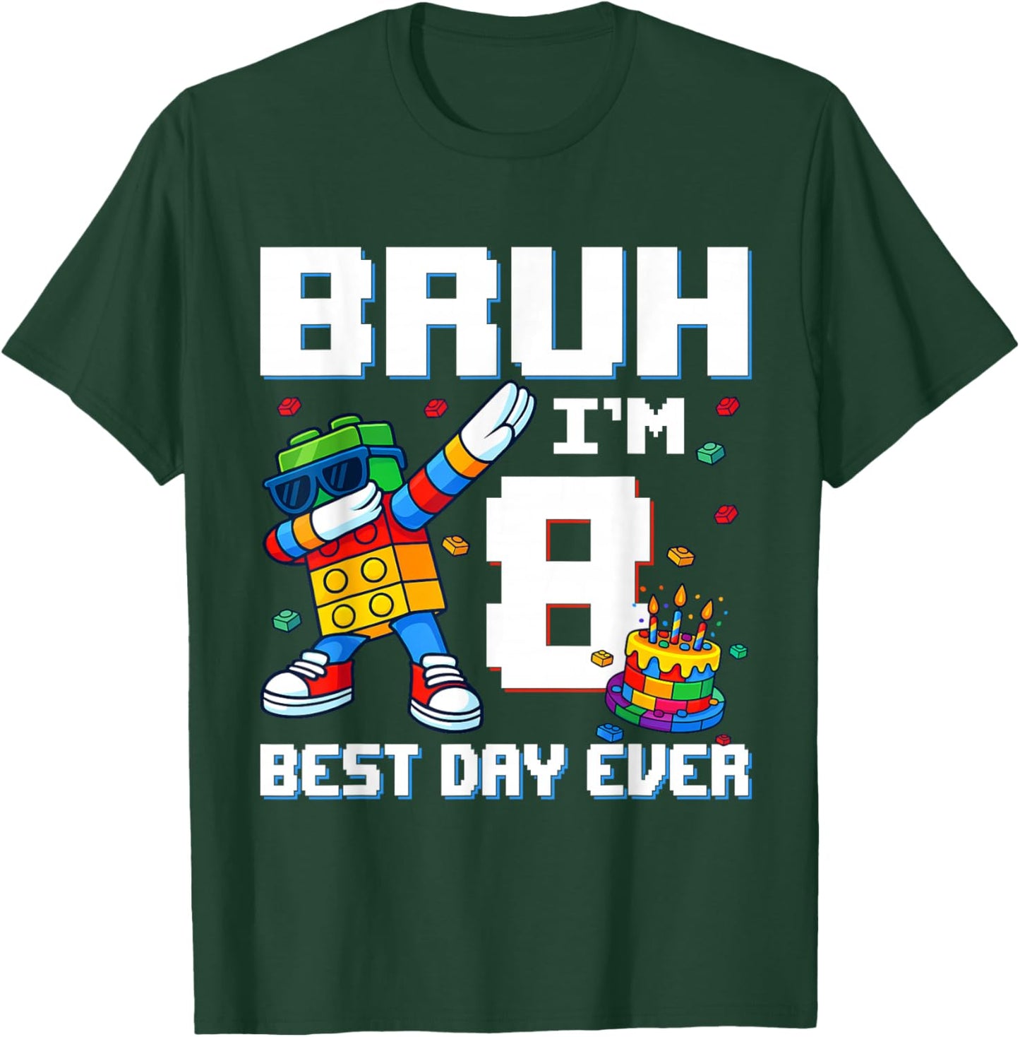 Bruh I’m 8 Colorful Block Character Birthday Kids Boys T-Shirt - T-Shirt | Forest