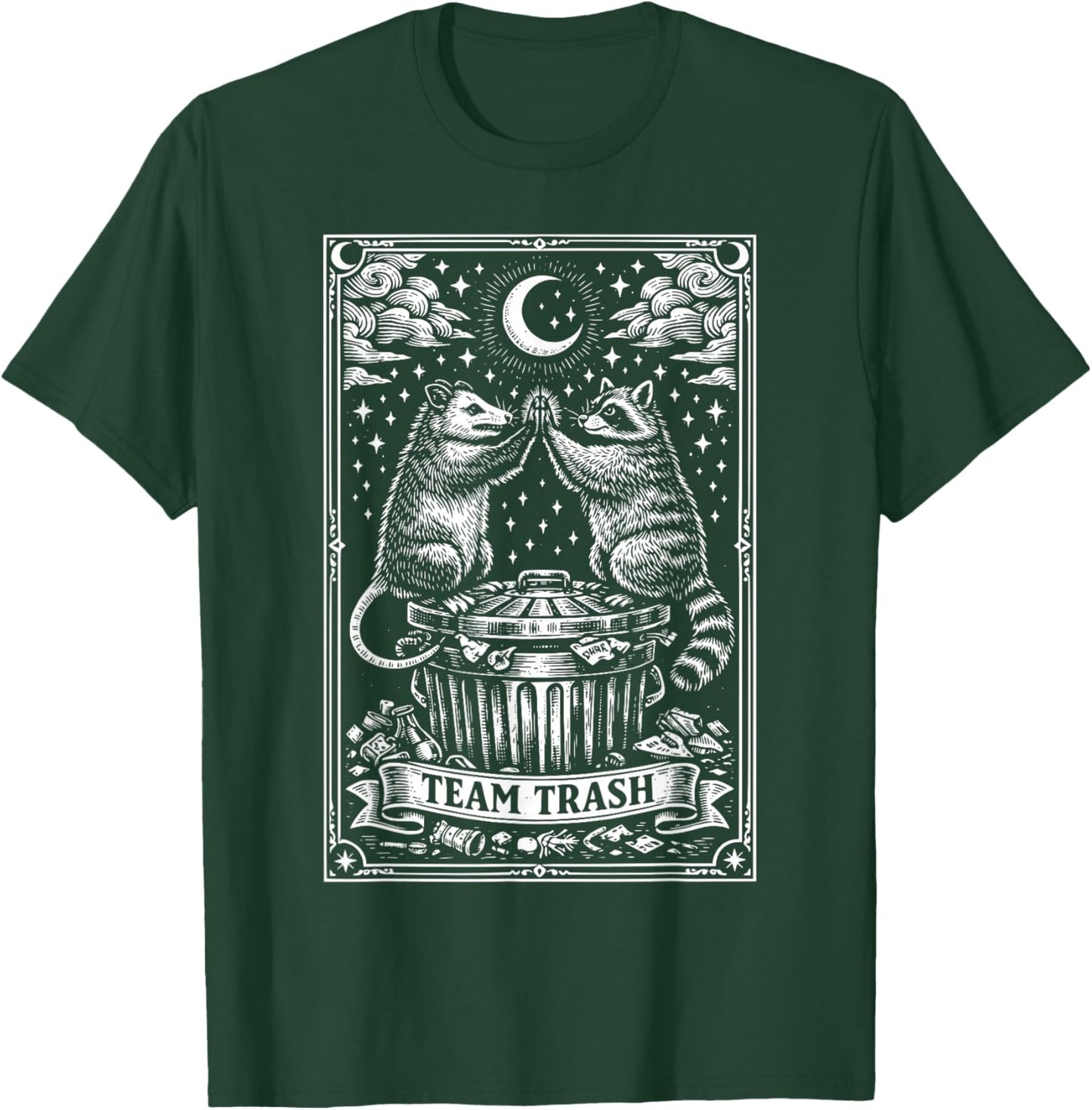 Vintage Tarot Card Raccoon Opossum Crescent Moon Raccoon T-Shirt - T-Shirt | Forest