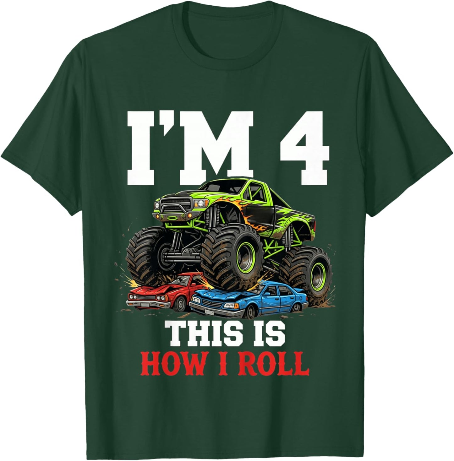 Kids Racing Monster Truck 4th Birthday 4 Year Old Boy Born 2022 T-Shirt - T-Shirt | Forest