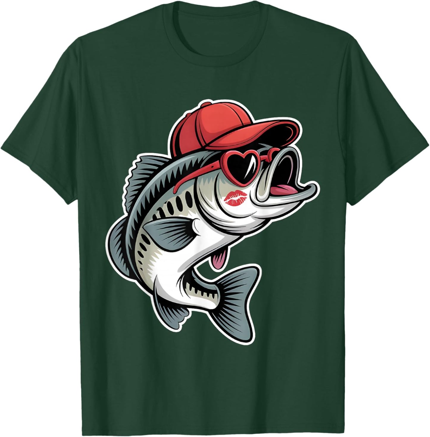 Funny Valentine Fishing Bass Heart Sunglasses Kids Boys T-Shirt - T-Shirt | Forest