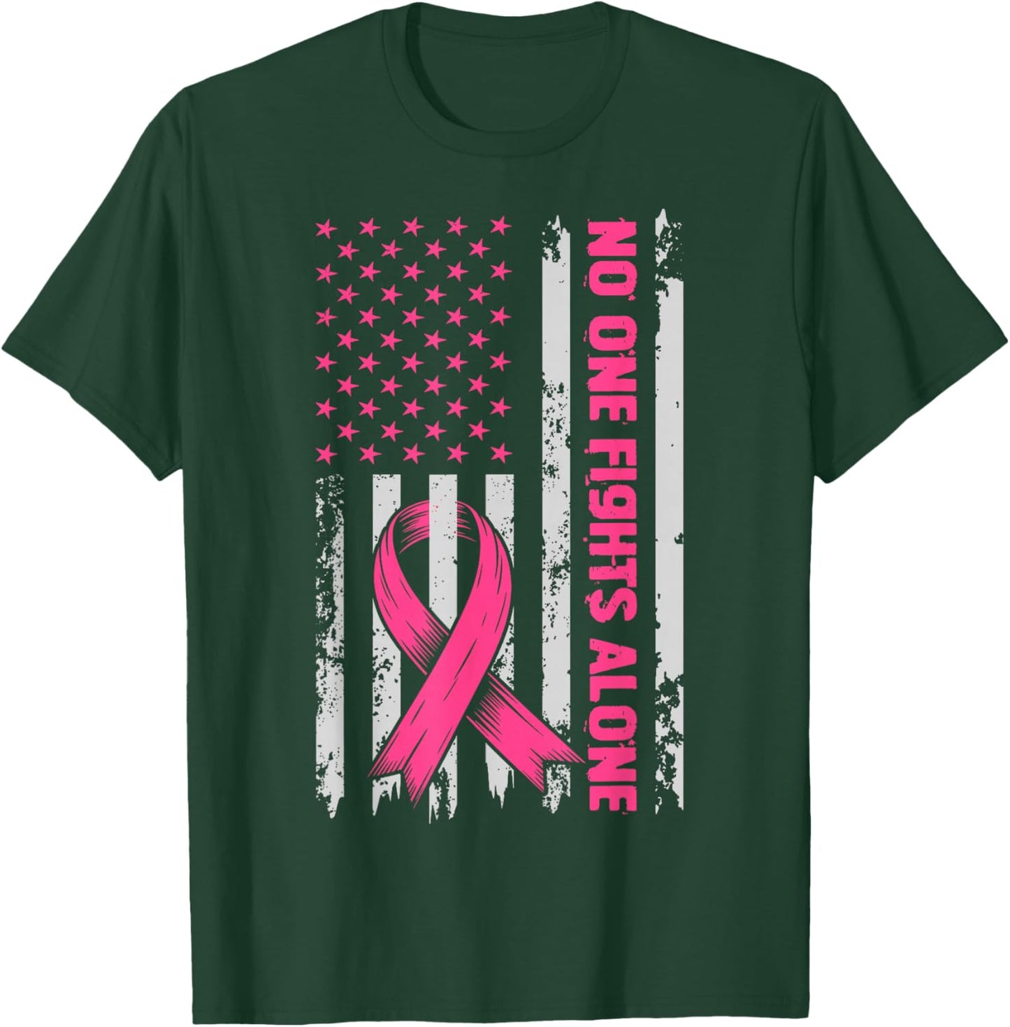 No One Fights Breast Cancer Alone US Flag Pink Ribbon T-Shirt - T-Shirt | Forest