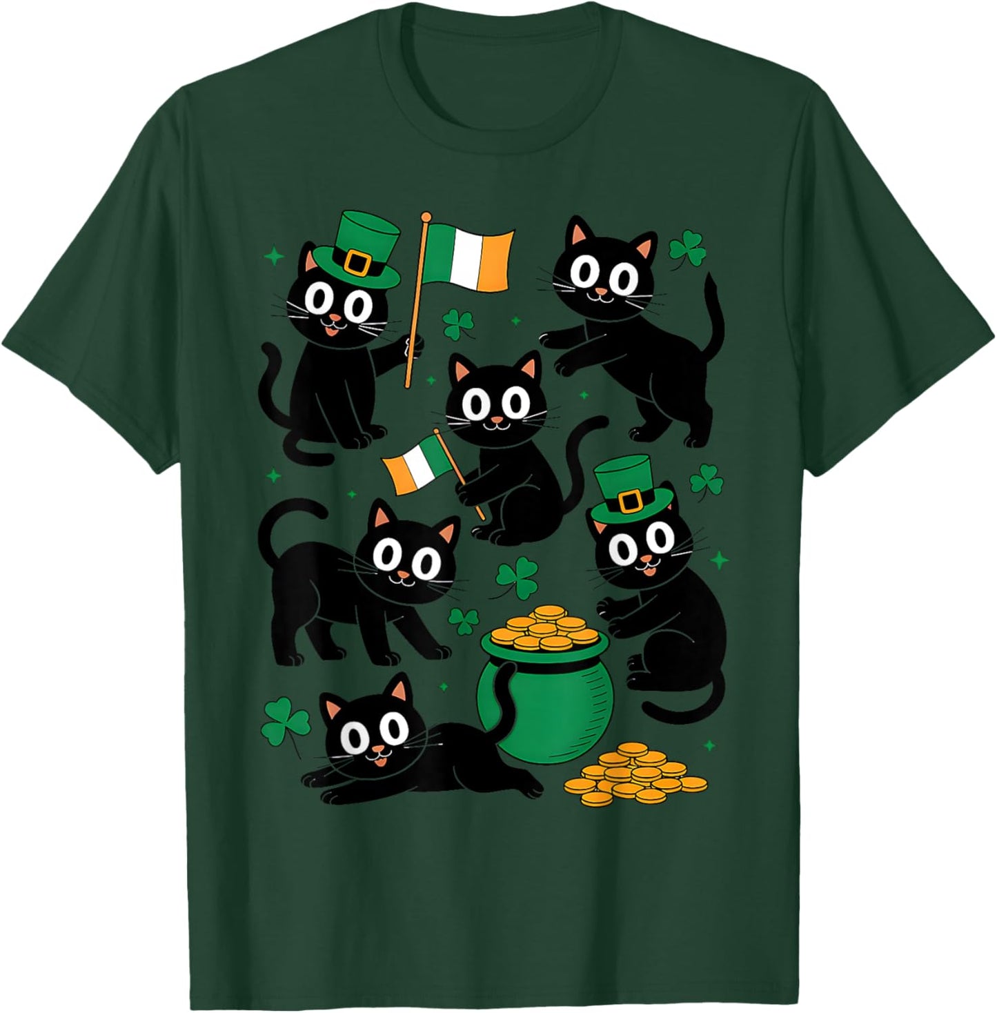 St Patricks Day Black Cat with Shamrock Irish Cute Cat Lover T-Shirt - T-Shirt | Forest