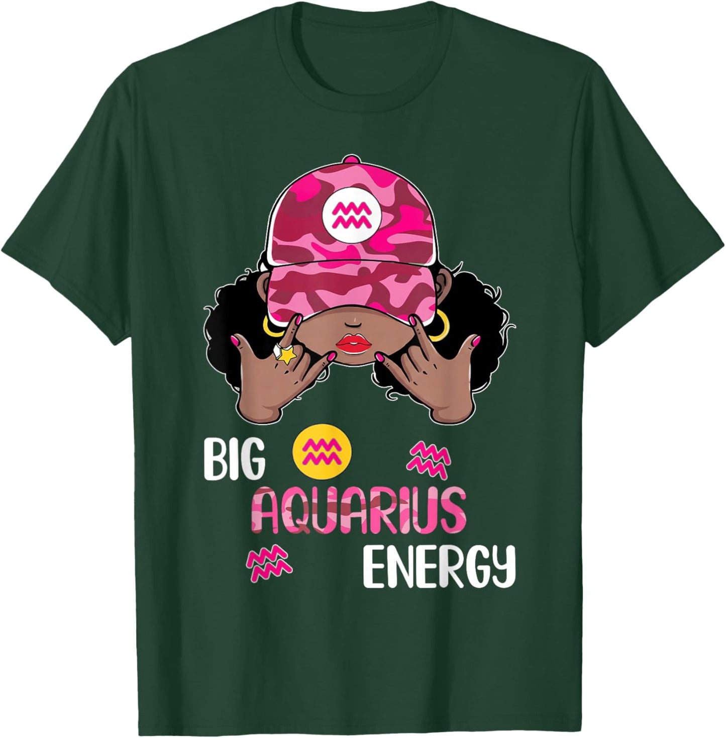 Big Aquarius Energy Woman Pink Camo Cap Afro Girl Zodiac T-Shirt - T-Shirt | Forest