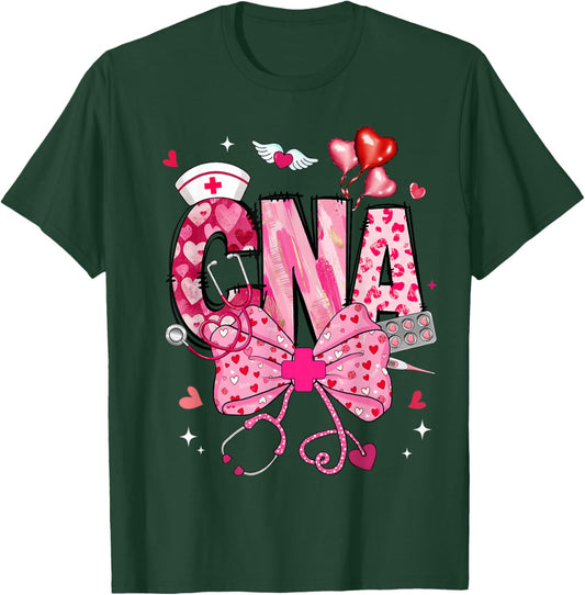CNA Valentine Coquette Bow Stethoscope Nurse Girl Women T-Shirt - T-Shirt | Forest