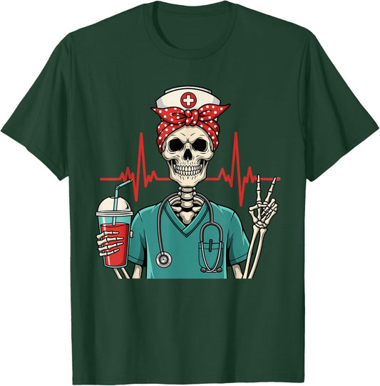 Funny Skeleton Nurse Coffee Lover Halloween Nurse T-Shirt - T-Shirt | Forest