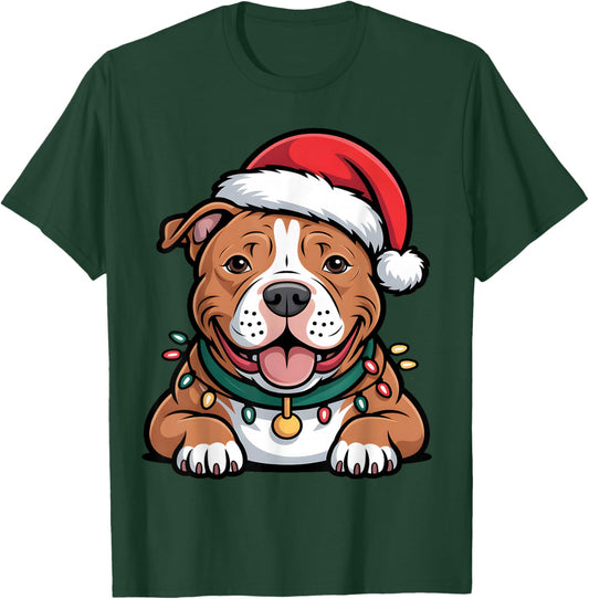 Christmas Pitbull Dog Santa Hat Holiday T-Shirt - T-Shirt | Forest