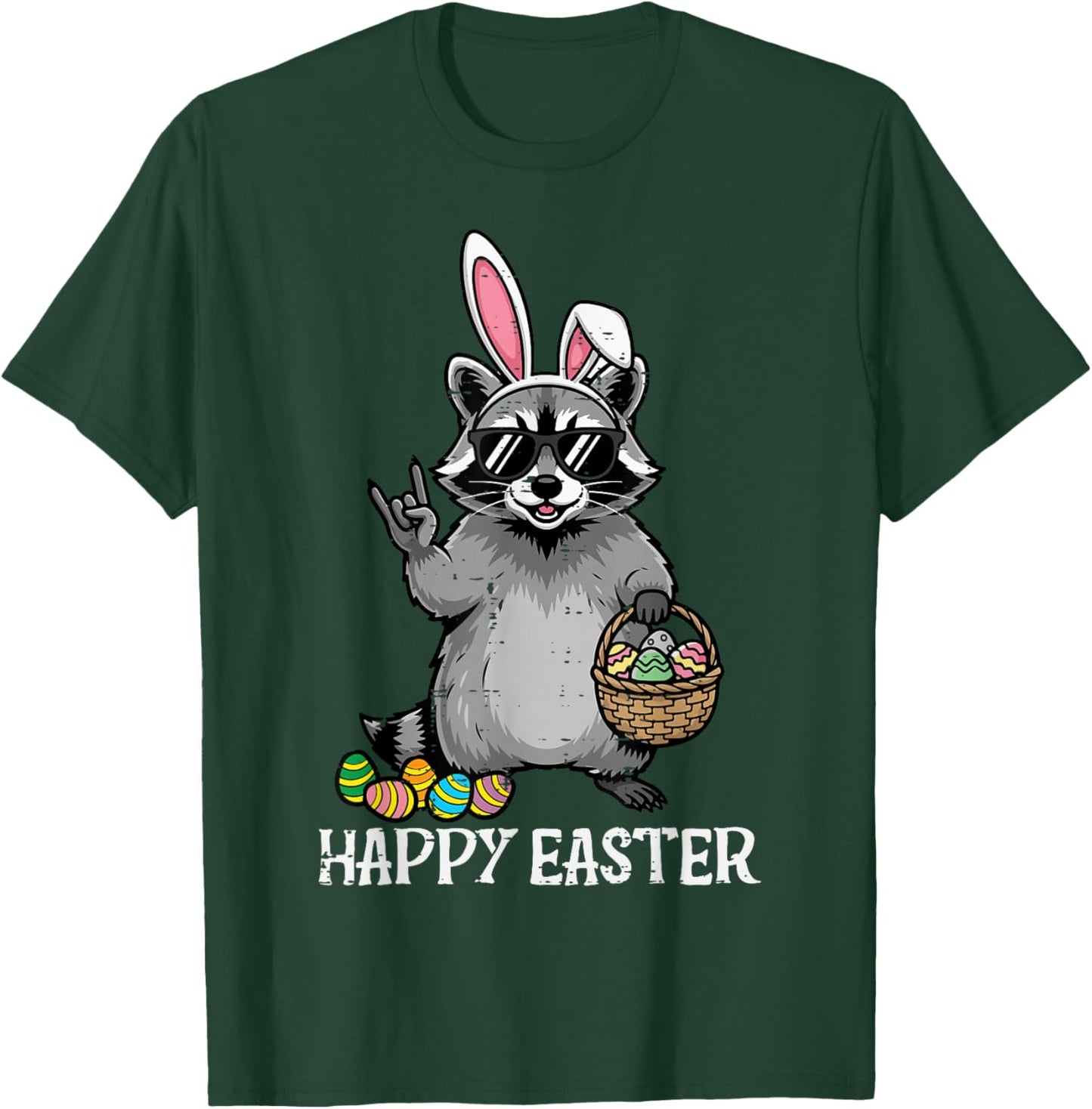 Happy Easter Raccoon Bunny Rock Hand Rocker Boys Kids Men T-Shirt - T-Shirt | Forest