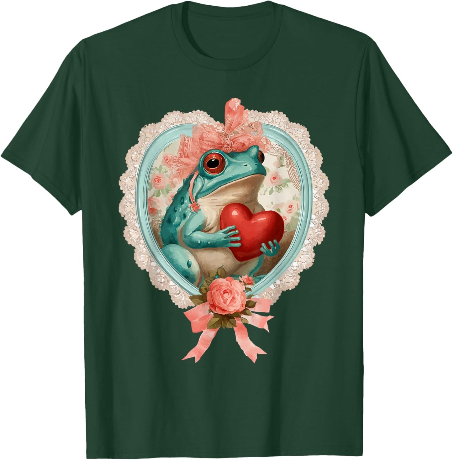 Vintage Valentine Frog with Heart Romantic Animal Coquette T-Shirt - T-Shirt | Forest