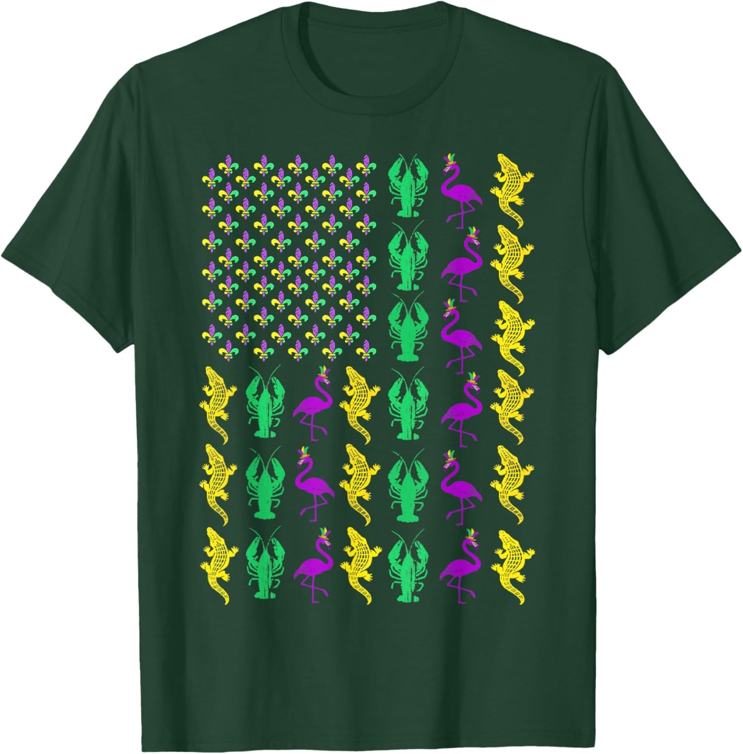 Mardi Gras American Flag Crawfish Flamingo Alligator Party T-Shirt - T-Shirt | Forest
